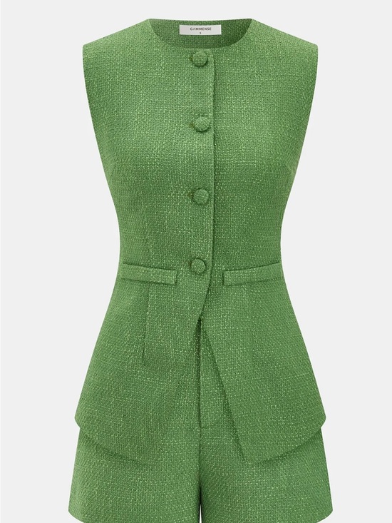 Commense Pants - Commense Tweed Sleeveless Vest & Shorts Set - Green - Medium